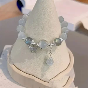 Charming Glass Cat's Eye Bead Bracelet with Butterfly Charm – Elegant Gift for Women