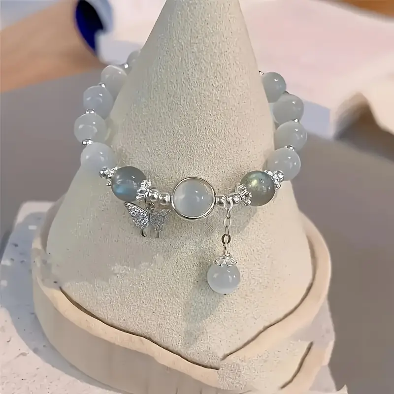Charming Glass Cat's Eye Bead Bracelet with Butterfly Charm – Elegant Gift for Women